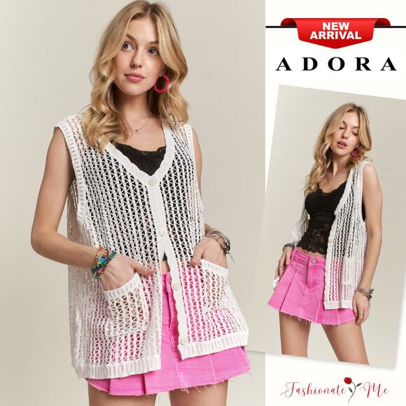 ADORA Lightweight Button Down Front Pockets Crochet Detail Vest Cardigan | White - Picture 1 of 6